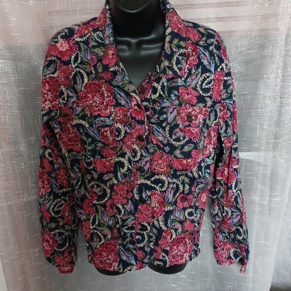 Christopher & Banks Floral Denim style Jacket, L, pink, blue, green